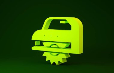 Yeşil zemin üzerinde çelik dişli disk ikonu olan sarı elektrikli testere. Tahta ya da metal kesmek için elektrikli el aleti. Minimalizm kavramı. 3d illüstrasyon 3d canlandırma