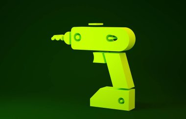 Sarı Elektrik kablosuz tornavida simgesi yeşil arkaplanda izole edildi. Elektrikli matkap. Tamir aleti. Minimalizm kavramı. 3d illüstrasyon 3d canlandırma