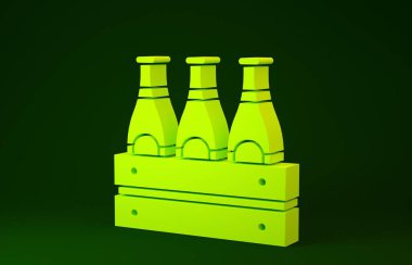 Yeşil arka planda izole edilmiş sarı bira şişesi ikonu sürüsü. Tahta kutu ve bira şişeleri. Kutu bira kutusu tabelası. Minimalizm kavramı. 3d illüstrasyon 3B canlandırma