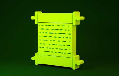 Yeşil arkaplanda sarı kağıt kaydırma simgesi izole edildi. Tuvalin parşömen yazısı. Minimalizm kavramı. 3d illüstrasyon 3d canlandırma