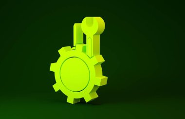 Sarı İngiliz anahtarı ve vites simgesi içindeki tornavida yeşil arka planda izole edilmiş. Ayarlama, servis, ayar, bakım, onarım, onarım. Minimalizm kavramı. 3d illüstrasyon 3d canlandırma