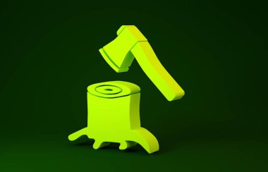 Kol simgesinde sarı tahta balta yeşil arka planda izole edilmiş. Oduncu baltası. Balta tahtaya saplanmış. Minimalizm kavramı. 3d illüstrasyon 3d canlandırma