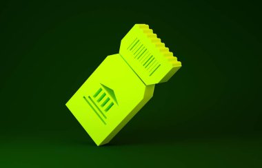 Sarı Müze bileti ikonu yeşil arka planda izole edildi. Tarih müzesi bileti etkinliği sergi gezisini kabul ediyor. Minimalizm kavramı. 3d illüstrasyon 3d canlandırma