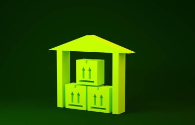 Yeşil arkaplanda sarı depo simgesi izole edildi. Minimalizm kavramı. 3d illüstrasyon 3B canlandırma