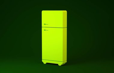 Yeşil arkaplanda sarı buzdolabı simgesi izole edildi. Buzdolabı buzdolabı. Ev aletleri ve aletler. Minimalizm kavramı. 3d illüstrasyon 3B canlandırma