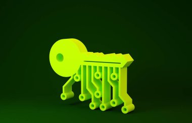 Yeşil arkaplanda sarı kripto para birimi simgesi izole edildi. Siber güvenlik kavramı ya da özel anahtar, teknolojik arayüzlü dijital anahtar. Minimalizm kavramı. 3d illüstrasyon 3B canlandırma
