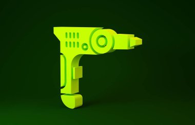Sarı elektrikli matkap ikonu yeşil arkaplanda izole edildi. Tamir aleti. Minimalizm kavramı. 3d illüstrasyon 3d canlandırma