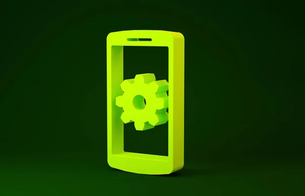 Желтая настройка на значке смартфона выделена на зеленом фоне. Мобильный телефон и оборудование. Регулировка, обслуживание, настройка, обслуживание, ремонт, фиксация. Концепция минимализма. 3D-рендеринг — стоковое фото