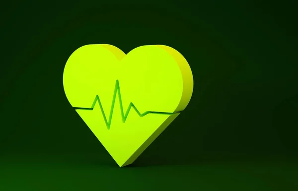 Geel hartslagpictogram geïsoleerd op groene achtergrond. Hartslagteken. Hartslag icoon. Cardiogram icoon. Minimalisme concept. 3d illustratie 3d renderen — Stockfoto