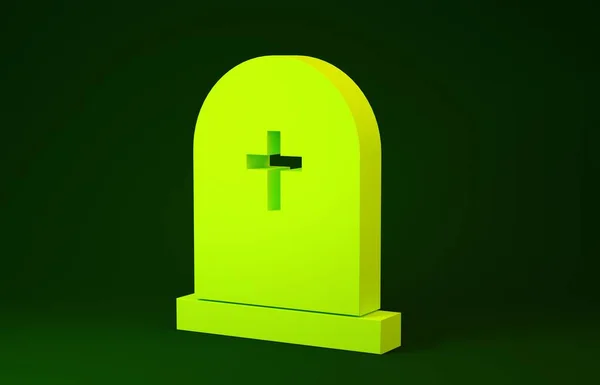 Lápida amarilla con icono de cruz aislado sobre fondo verde. Icono de tumba. Concepto minimalista. 3D ilustración 3D render —  Fotos de Stock
