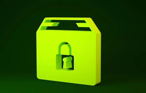 Жовтий Заблокований значок пакунка ізольовано на зеленому фоні. Замок і картонна коробка. Концепція мінімалізму. 3D ілюстрація 3D рендеринга — стокове фото