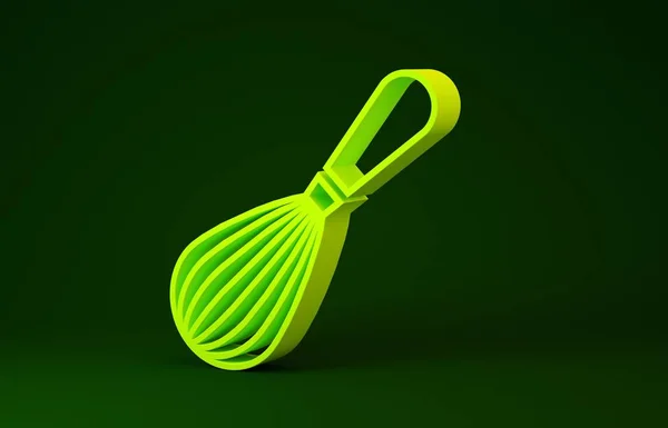 Ikon whisk Yellow Kitchen terisolasi pada latar belakang hijau. Alat masak, pemukul telur. Tanda alat makan. Simbol campuran makanan. Konsep minimalisme. Tampilan 3D ilustrasi 3d — Stok Foto