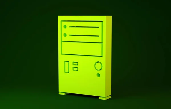 Sárga Számítógép ikon elszigetelt zöld alapon. Pc alkatrész jel. Minimalizmus koncepció. 3d illusztráció 3d render — Stock Fotó