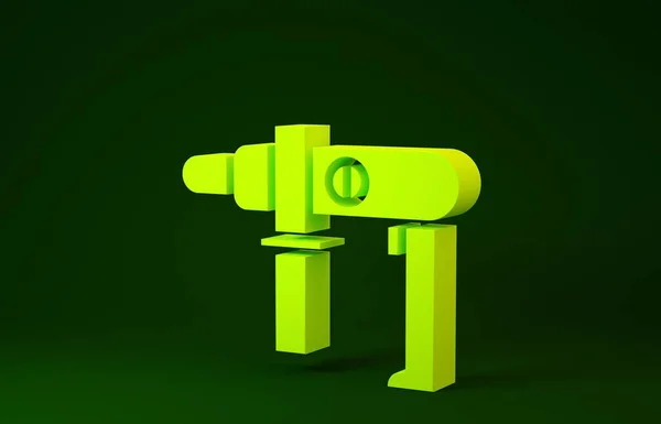Sárga Elektromos fúrógép ikon elszigetelt zöld alapon. Szerszámszerszám. Minimalizmus koncepció. 3d illusztráció 3d render — Stock Fotó