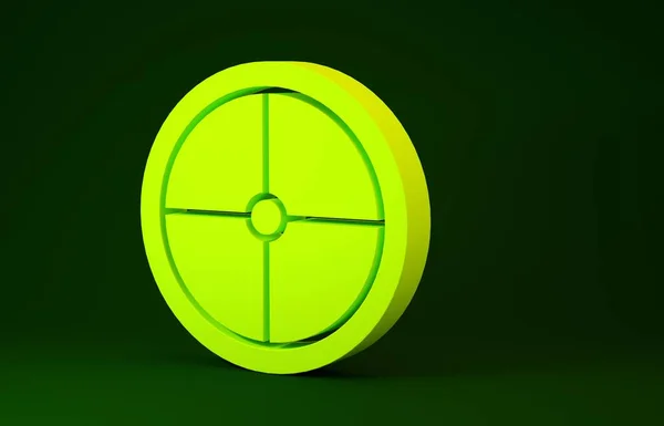 Giallo rotonda icona dello scudo di legno isolato su sfondo verde. Sicurezza, protezione, protezione, privacy, concetto di guardia. Concetto minimalista. Illustrazione 3d rendering 3D — Foto Stock