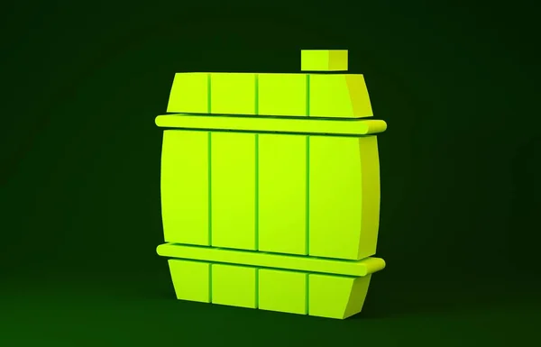 Icône baril en bois jaune isolé sur fond vert. Baril d'alcool, récipient à boissons, fût en bois pour bière, whisky, vin. Concept de minimalisme. Illustration 3D rendu 3D — Photo