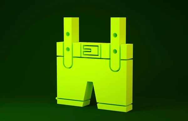 Yellow Lederhosen icon isolated on green background. Traditional bavarian clothing. Oktoberfest outfit. Pants with suspenders. Patrick day. Minimalism concept. 3d illustration 3D render — 스톡 사진