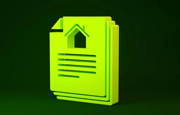 Icono de contrato de Casa Amarilla aislado sobre fondo verde. Servicio de creación de contratos, formación de documentos, composición del formulario de solicitud. Concepto minimalista. 3D ilustración 3D render — Foto de Stock