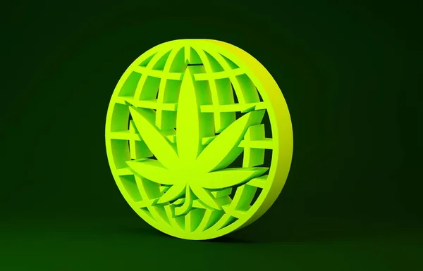 Żółty Legalizacji marihuany lub marihuany symbol kuli ziemskiej ikony izolowane na zielonym tle. Symbol konopi. Koncepcja minimalizmu. Ilustracja 3D 3D renderowania — Zdjęcie stockowe
