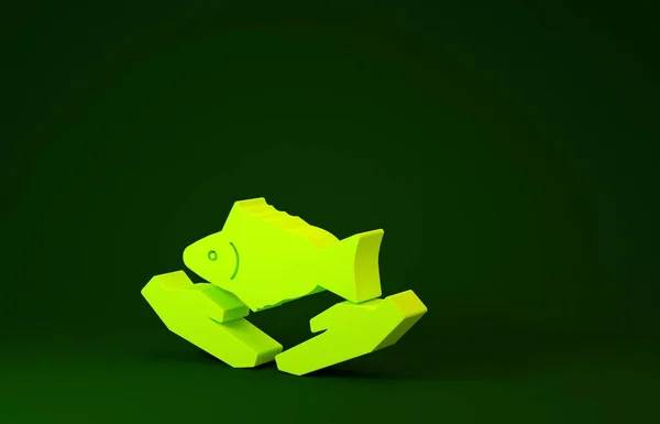 Ícone de cuidados de peixe amarelo isolado no fundo verde. Conceito de minimalismo. 3D ilustração 3D render — Fotografia de Stock