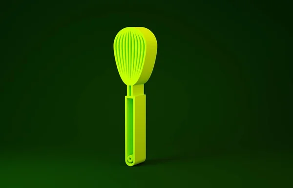 緑の背景に隔離された黄色のキッチン泡立て器アイコン。調理器具、卵の熱。かわいいサインだ。フードミックスのシンボル。最小限の概念。3Dイラスト3Dレンダリング — ストック写真