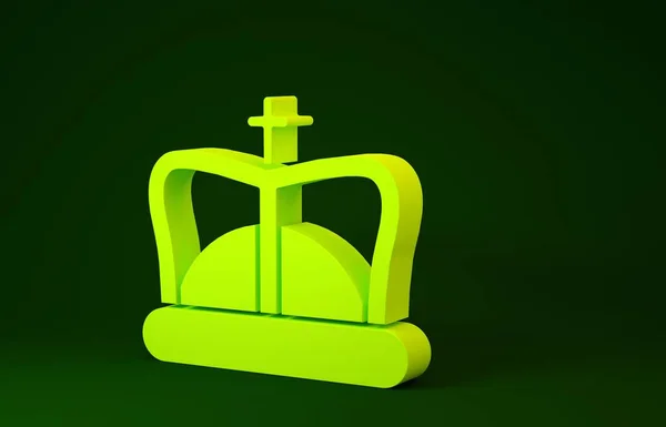 Жовта королівська коронка ізольована на зеленому тлі. Концепція мінімалізму. 3D ілюстрація 3D рендеринга — стокове фото