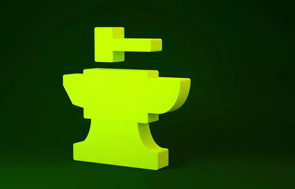 Yellow Anvil for blacksmithing and hammer icon isolated on green background. Metal forging. Forge tool. Minimalism concept. 3d illustration 3D render — 스톡 사진