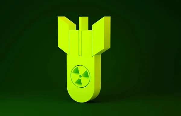 Ícone de bomba nuclear amarelo isolado no fundo verde. Uma bomba voa para baixo. Conceito de minimalismo. 3D ilustração 3D render — Fotografia de Stock