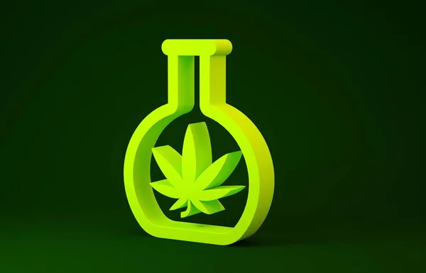 Żółta chemiczna probówka z ikoną marihuany lub liścia marihuany odizolowana na zielonym tle. Koncepcja badań. Koncepcja oleju laboratoryjnego Cbd. Koncepcja minimalizmu. Ilustracja 3d — Zdjęcie stockowe