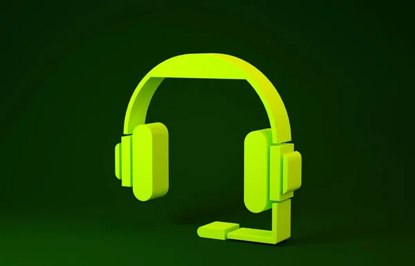 노란 헤드폰 아이콘은 녹색 배경에서 분리되었습니다. 이어폰. 음악, 서비스, 통신, 교환원을 듣는 것에 대한 개념. 미니멀리즘의 개념입니다. 3d 삽화 3D 렌더링 — 스톡 사진
