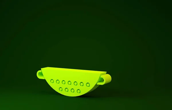 Icono de colador de cocina amarillo aislado sobre fondo verde. Utensil de cocina. Signo de cubertería. Concepto minimalista. 3D ilustración 3D render — Foto de Stock