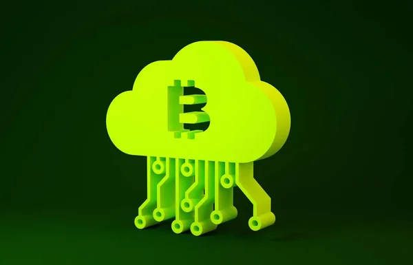 Żółty kryptowaluta chmura górnicza ikona izolowane na zielonym tle. Technologia blockchain, bitcoin, rynek cyfrowy, portfel kryptomonet. Koncepcja minimalizmu. Ilustracja 3d — Zdjęcie stockowe