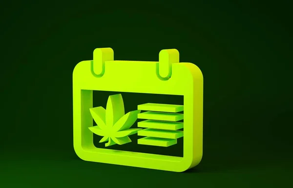 Gele Kalender en marihuana of cannabisblad icoon geïsoleerd op groene achtergrond. Nationale wiet dag. Hennep symbool. Minimalisme concept. 3d illustratie 3D renderen — Stockfoto