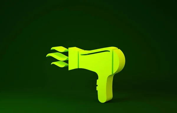 Yellow Hair dryer icon isolated on green background. Hairdryer sign. Hair drying symbol. Blowing hot air. Minimalism concept. 3d illustration 3D render