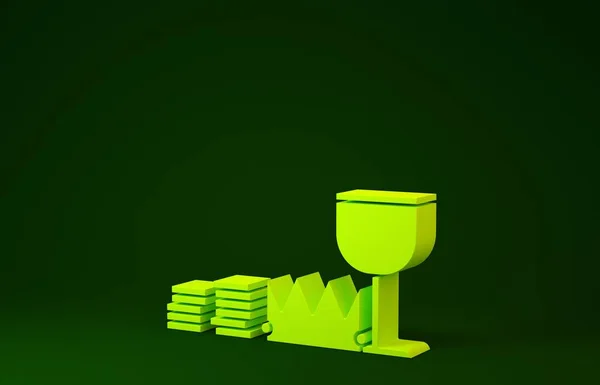 Tesoro amarillo y riqueza icono aislado sobre fondo verde. Tesoro, oro, monedas, joyas, corona, copa de oro. Concepto minimalista. 3D ilustración 3D render — Foto de Stock