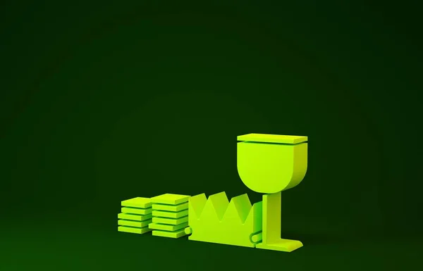 Amarelo Treasure e riqueza ícone isolado no fundo verde. Tesouro, ouro, moedas, jóias, coroa, copo de ouro. Conceito de minimalismo. 3D ilustração 3D render — Fotografia de Stock