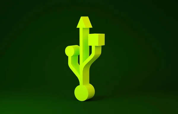 Gele Usb symbool pictogram geïsoleerd op groene achtergrond. Minimalisme concept. 3d illustratie 3d renderen — Stockfoto