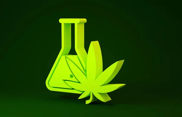 Gelbes chemisches Reagenzglas mit Marihuana oder Cannabisblatt-Symbol auf grünem Hintergrund. Forschungskonzept. Labor cbd Öl-Konzept. Minimalismus-Konzept. 3D Illustration 3D Renderer — Stockfoto