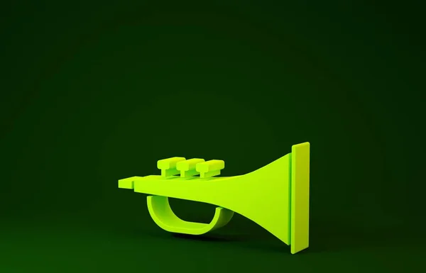 Sárga Hangszer trombita ikon elszigetelt zöld alapon. Minimalizmus koncepció. 3d illusztráció 3d render — Stock Fotó