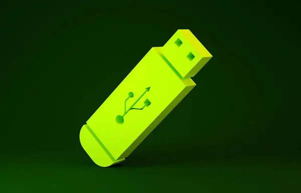 Ícone amarelo da unidade flash USB isolado no fundo verde. Conceito de minimalismo. 3D ilustração 3D render — Fotografia de Stock
