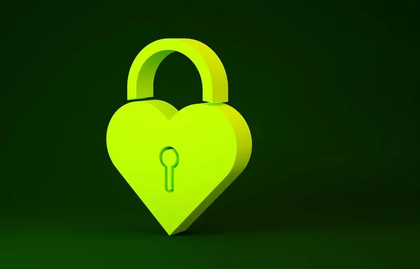 Yellow Castle in the shape of a heart icon isolated on green background. Locked Heart. Love symbol and keyhole sign. Minimalism concept. 3d illustration 3D render