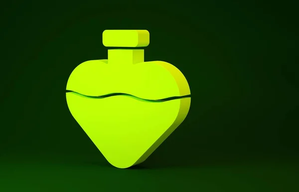 黄色瓶与爱情药水图标隔离在绿色背景。情人节的象征。最低纲领的概念。3d说明3d — 图库照片