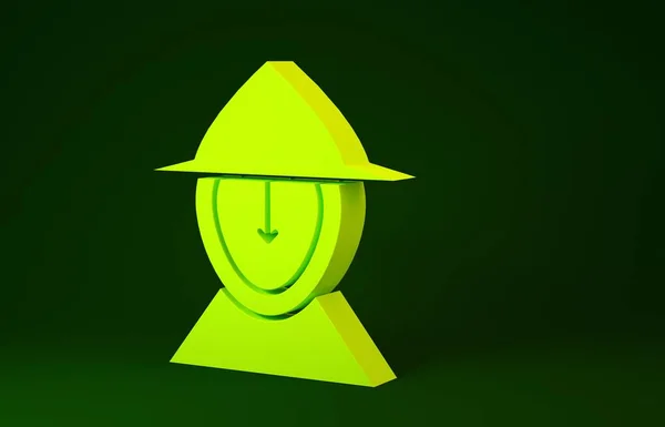Casco de hierro medieval amarillo para el icono de la protección de la cabeza aislado sobre fondo verde. Concepto minimalista. 3D ilustración 3D render — Foto de Stock