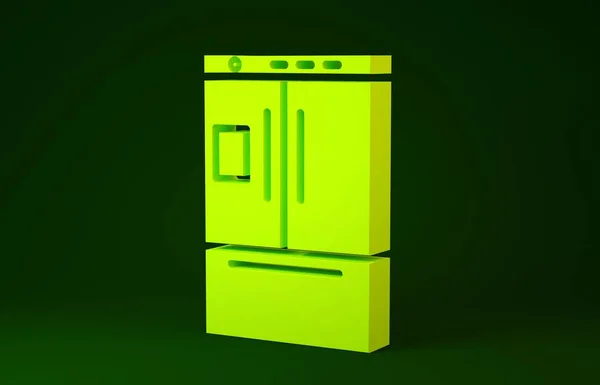 Ikon kulkas kuning diisolasi pada latar belakang hijau. Kulkas freezer kulkas. Teknologi rumah tangga dan peralatan. Konsep minimalisme. Tampilan 3D ilustrasi 3d — Stok Foto