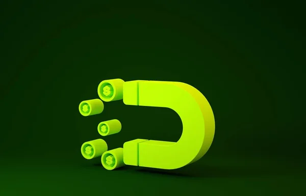 Gelber Magnet mit Geldsymbol auf grünem Hintergrund. Konzept der Anziehung von Investitionen, Geld. Großunternehmen profitieren von Attraktivität und Erfolg. Minimalismus-Konzept. 3D Illustration 3D Renderer — Stockfoto