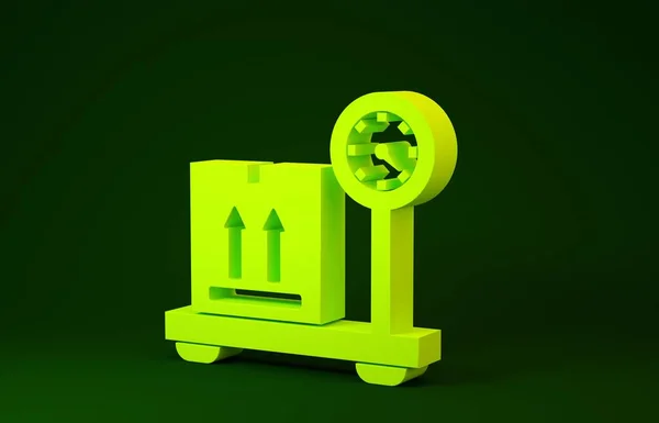 Yellow Scale with cardboard box icon isolated on green background. Logistic and delivery. Weight of delivery package on a scale. Minimalism concept. 3d illustration 3D render — 스톡 사진