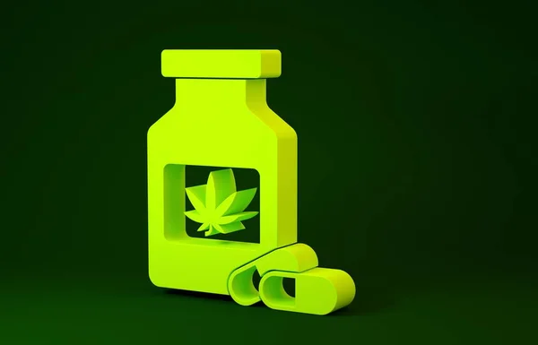 Botella Yellow Medical con marihuana o icono de hoja de cannabis aislado sobre fondo verde. Simulación de extractos de aceite de cannabis en frascos. Concepto minimalista. 3D ilustración 3D render —  Fotos de Stock