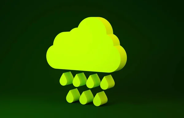 緑の背景に雨のアイコンが隔離された黄色の雲。雨滴と雨の雲の降水量。最小限の概念。3Dイラスト3Dレンダリング — ストック写真