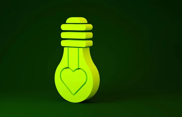 Forma de corazón amarillo en un icono de bombilla aislada sobre fondo verde. Símbolo de amor. Símbolo de San Valentín. Concepto minimalista. 3D ilustración 3D render — Foto de Stock