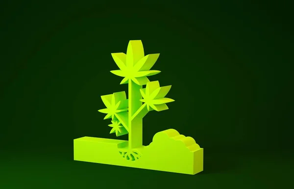 Жовтий Посадка марихуани або рослин конопель у значку землі ізольовано на зеленому тлі. Концепція вирощування маріхуани. Конопляний символ. Концепція мінімалізму. 3D ілюстрація 3D рендеринга — стокове фото